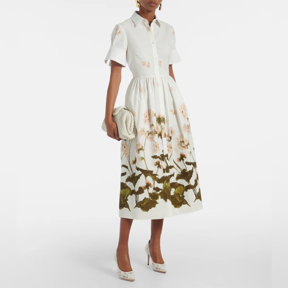 ERDEM Short-Sleeve Midi Shirt Dress in Cotton White and Green Floral 0 NWT 1345$ - Picture 4 of 14